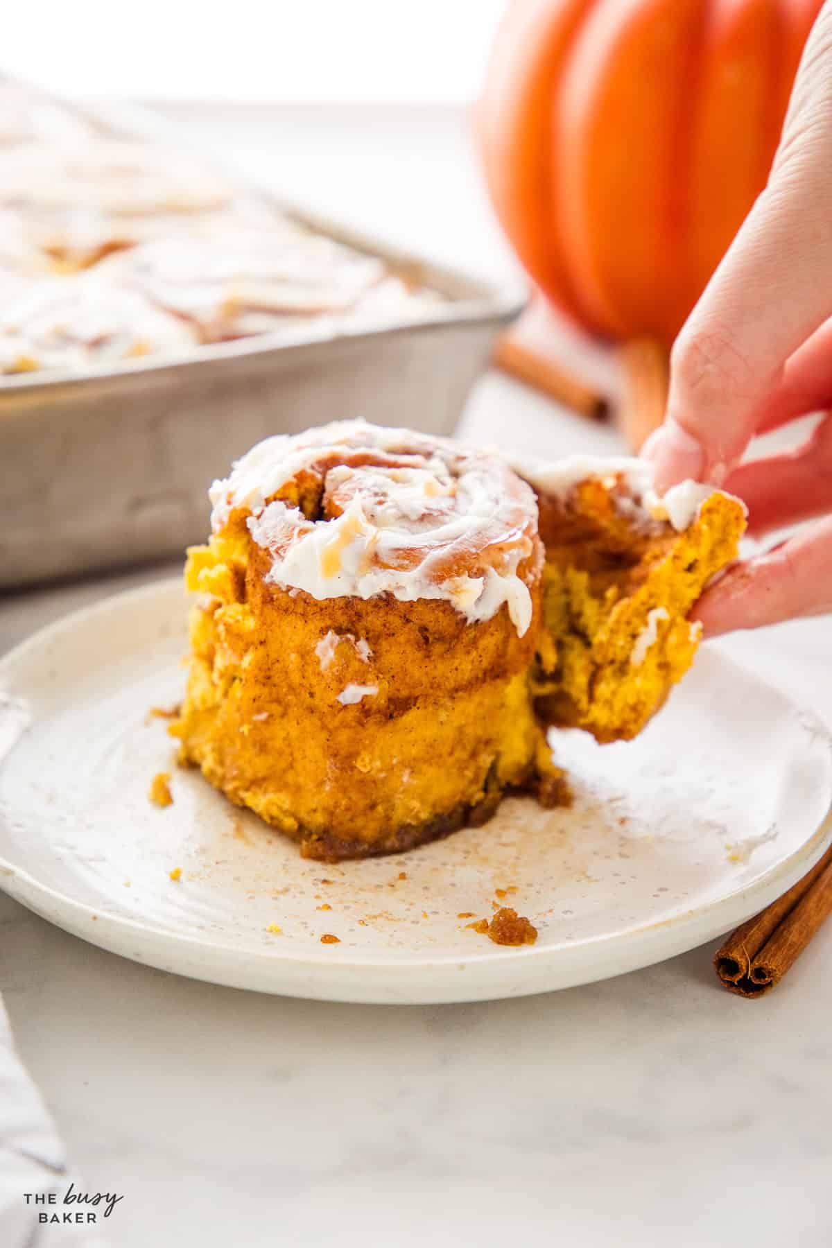 One pumpkin cinnamon roll on a plate with glaze and warm spices visible in the spiral