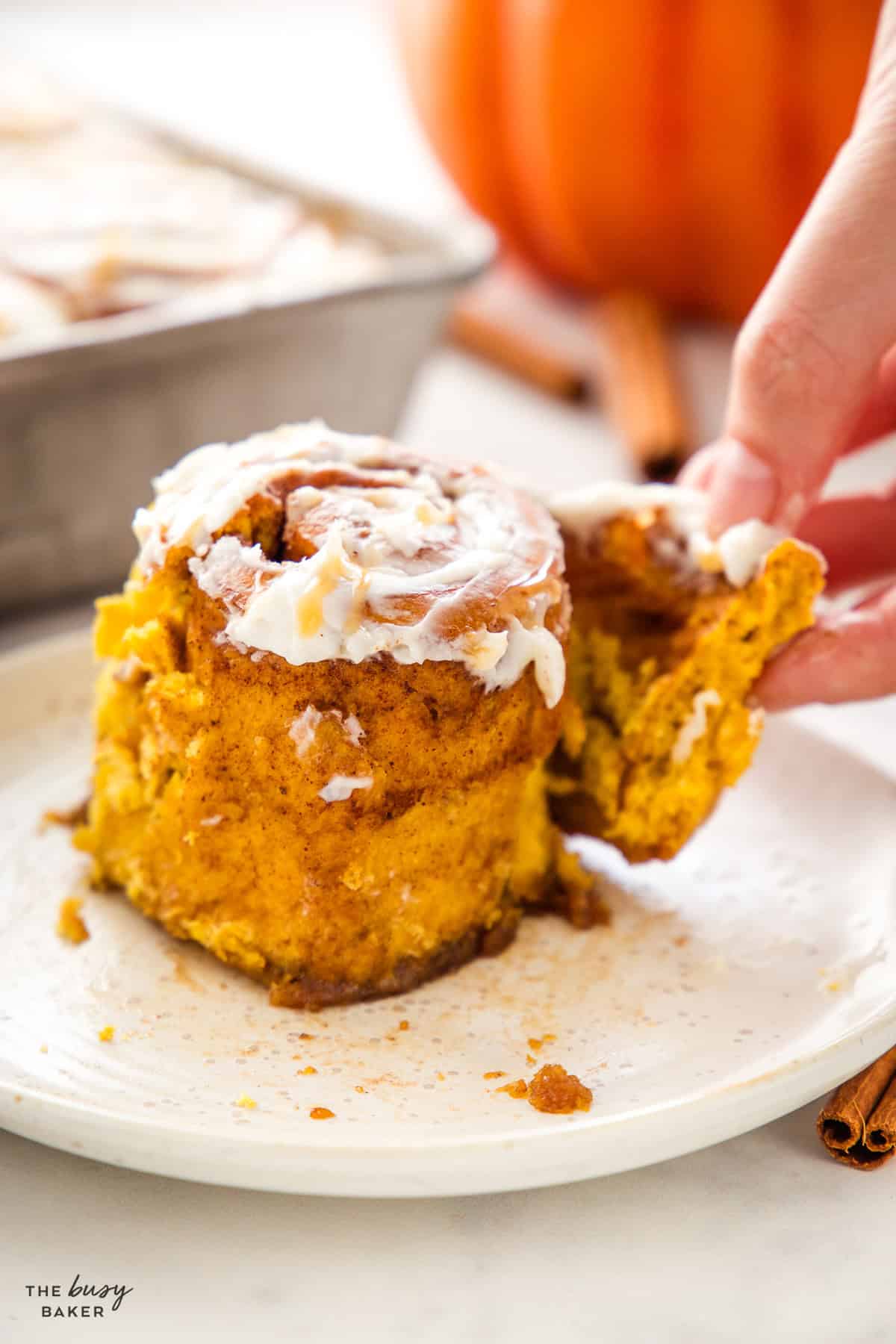 One pumpkin cinnamon roll on a plate with glaze and warm spices visible in the spiral