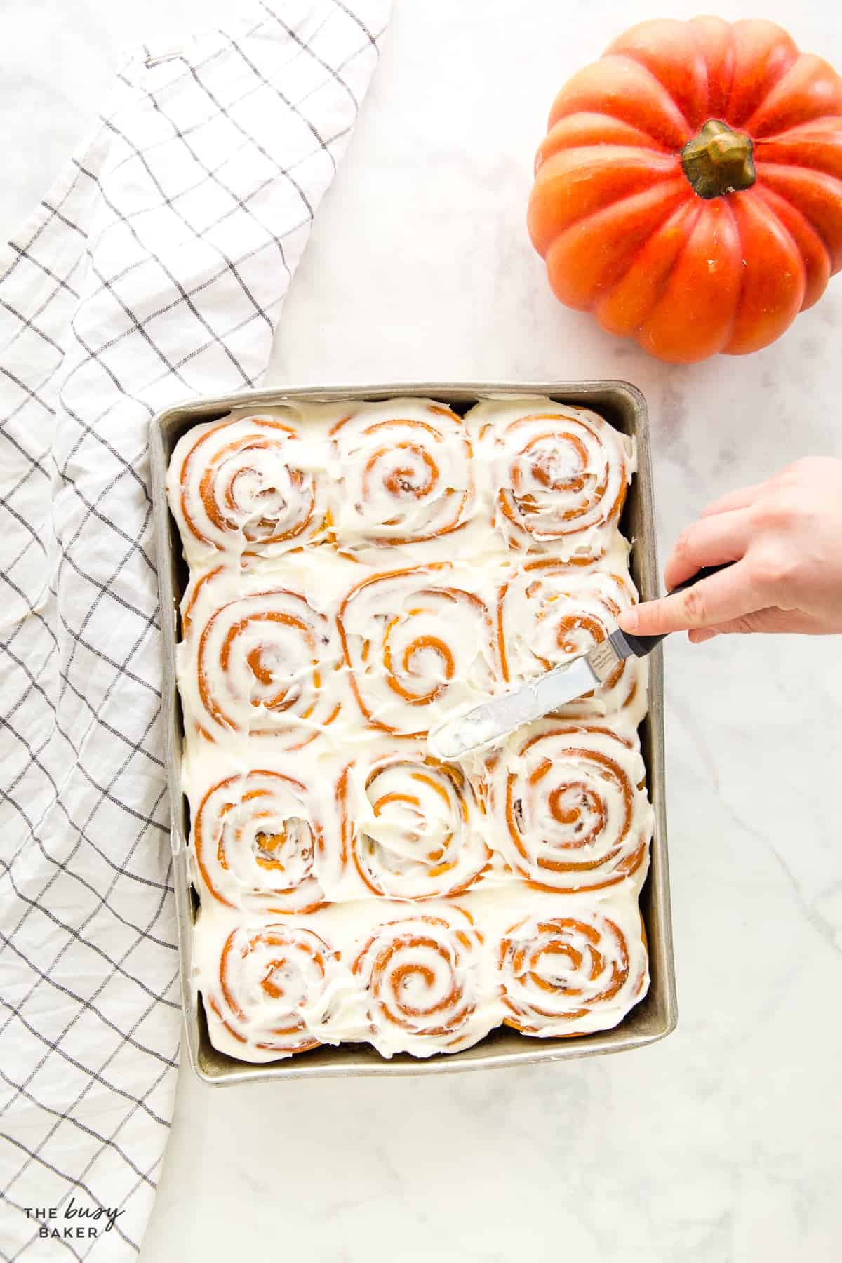 Pan of 12 pumpkin cinnamon rolls in a 9x13 baking dish with cream cheese glaze and caramel drizzle