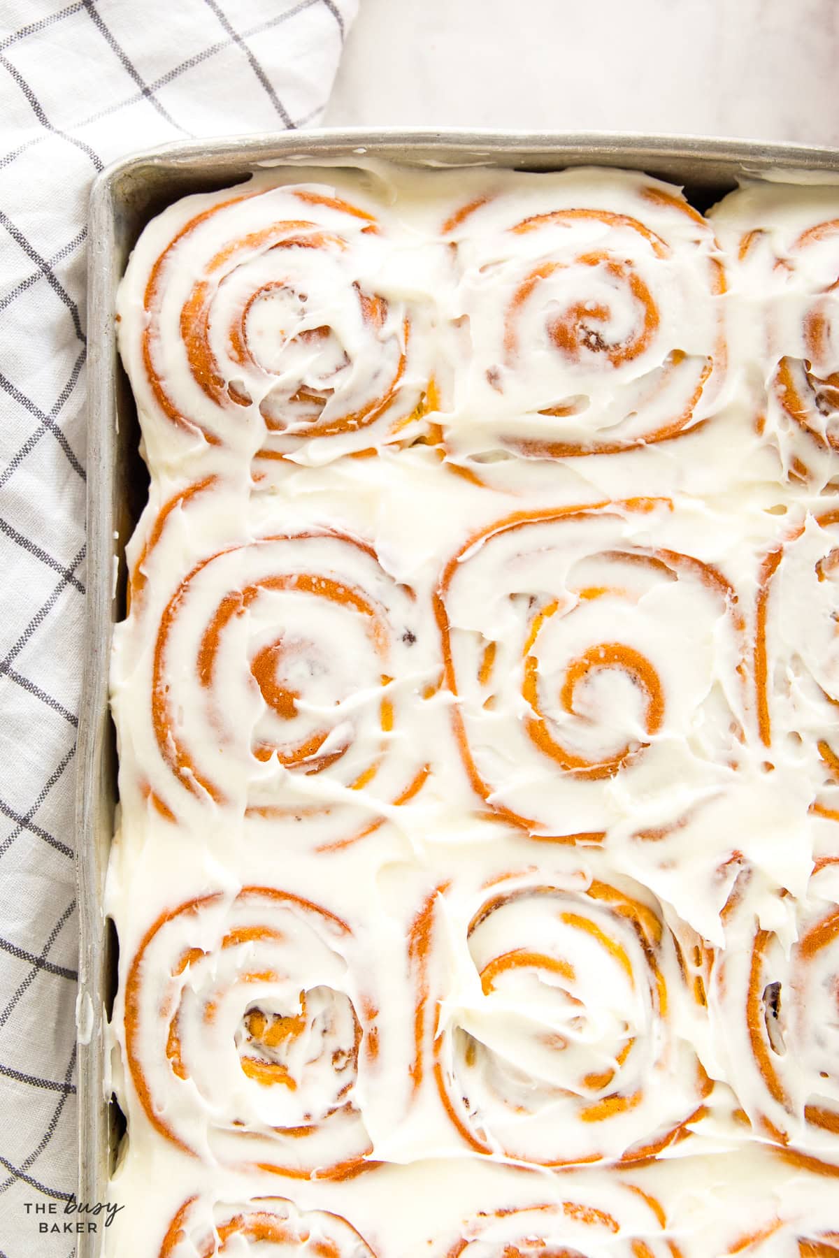 Pan of 12 pumpkin cinnamon rolls in a 9x13 baking dish with cream cheese glaze and caramel drizzle